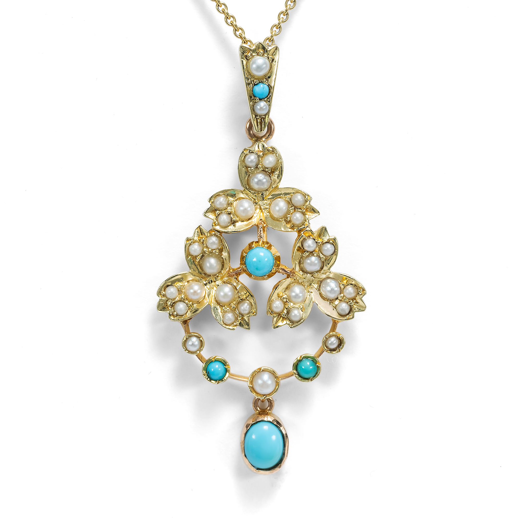 622669-hofer-antikschmuck-Floraler-Anhaenger-mit-Perlen-und-Tuerkisen-in-Gold-Grossbritannien-um-1900-Vergiss-mein-nicht