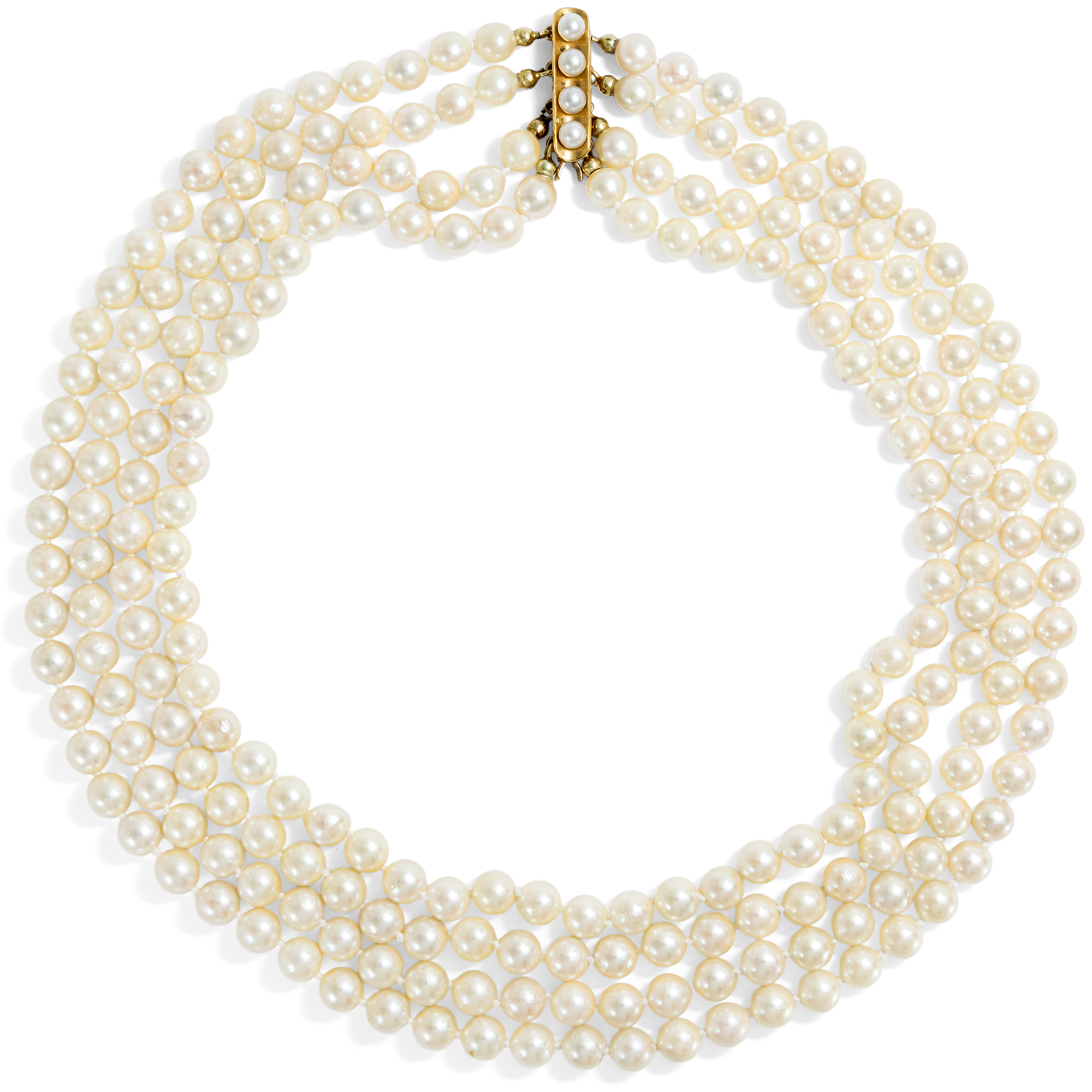 626347-hofer-antikschmuck-Wunderschoenes-vierreihiges-Perlcollier-mit-Goldschliesse-um-1985-Vier-auf-einen-Streich